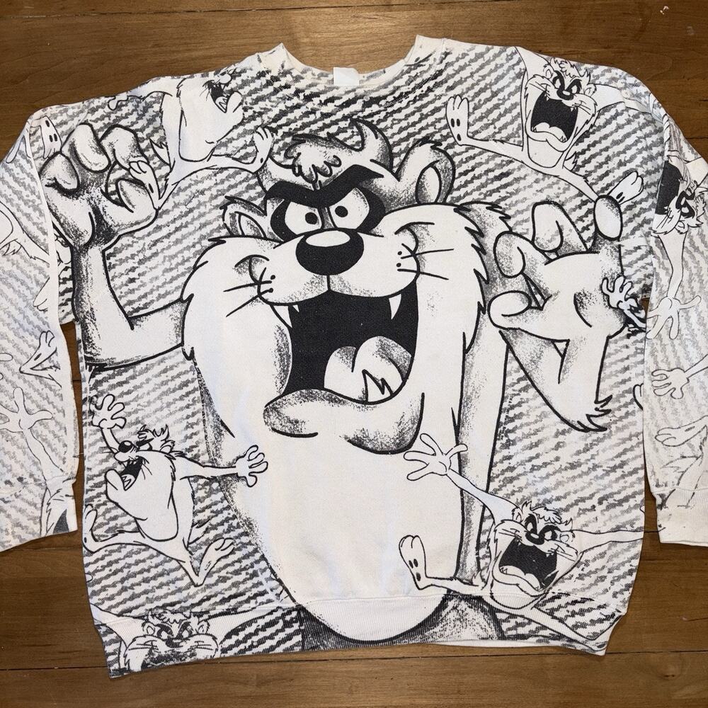 Vintage 90s Taz Looney Tunes Raglan All Over Print Crewneck Sweatshirt Artex